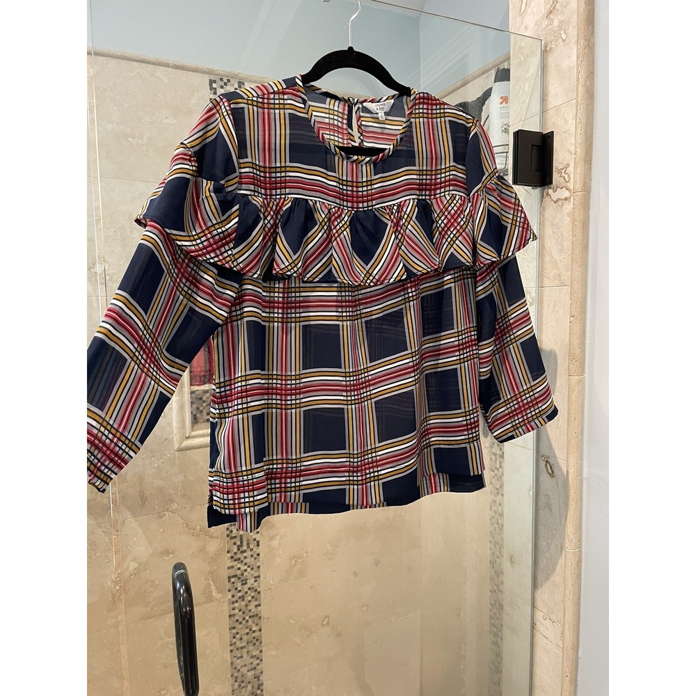 Crown & Ivy Women Blue Tartan Plaid Ruffle Long Sleeve Blouse Size L